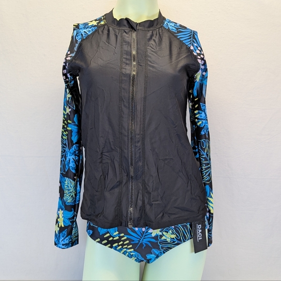 Daci Rash Guard Long-Sleeve 2 Piece Swim Set Black with Tropical Design - Picture 1 of 13
